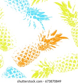 Tropical fruit on a white background. Bright seamless pattern with pineapples. Vector illustration.