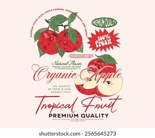 Tropical fruit. Organic food artwork for for t-shirt. Fruit vintage t-shirt design. Nature print design. Sweet and juicy apple fruit artwork. Fresh apple fruit print.