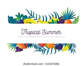 tropical fruit and palm leaves, flat style, banner, vector isolated on white background