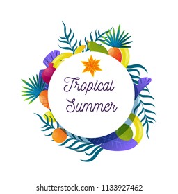 tropical fruit and palm leaves, flat style, vector illustration, banner on white background