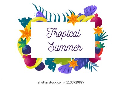 tropical fruit, palm leaves, summer banner, exotic, flat style, vector illustration