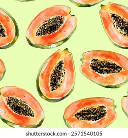 Tropical fruit papaya slices in a repeating motif, perfect for textiles or wallpapers. Artistic watercolor illustration of fresh papaya fruits with vivid colors and organic textures on a pastel green.