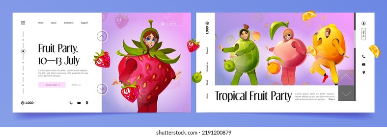 Páginas de aterrizaje de la caricatura del partido de la fruta tropical. Invitación para un evento con gente divertida usando disfraces de fresa, gooseberry, melocotón y danza limonera y divirtiéndose. Web de promoción de club o café Vector