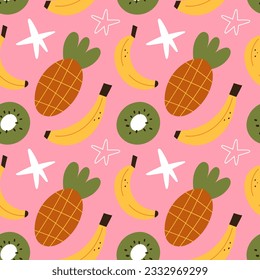 Tropical fruit pattern, banana, pineapple and kiwi fruit illustrations on pink background, colorful repeat tile, simple print for textile