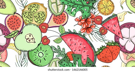 Tropical fruit pattern in flat style on colorful background. Print, design element. Textile texture. Tropic cute pattern. Citrus background. Fashion style. Summer vector illustration.