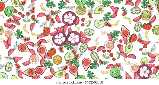 Tropical fruit pattern in flat style on colorful background. Print, design element. Textile texture. Tropic cute pattern. Citrus background. Fashion style. Summer vector illustration.