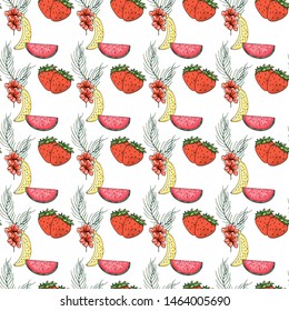 Tropical fruit pattern in flat style on colorful background. Print, design element. Textile texture. Tropic cute pattern. Summer vector illustration.