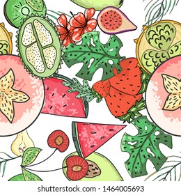 Tropical fruit pattern in flat style on colorful background. Print, design element. Textile texture. Tropic cute pattern. Summer vector illustration.