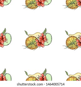 Tropical fruit pattern in flat style on colorful background. Print, design element. Textile texture. Tropic cute pattern. Summer vector illustration.