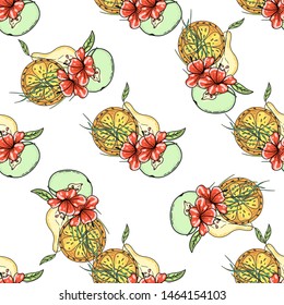 Tropical fruit pattern in flat style on colorful background. Print, design element. Textile texture. Tropic cute pattern. Summer vector illustration.