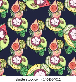 Tropical fruit pattern in flat style on colorful background. Print, design element. Textile texture. Tropic cute pattern. Summer vector illustration.