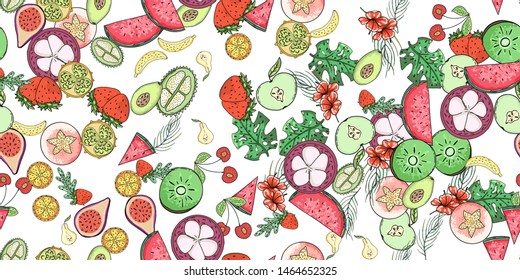 Tropical fruit pattern in flat style on colorful background. Print, design element. Textile texture. Tropic cute pattern. Summer vector illustration.