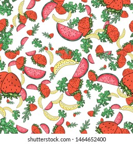 Tropical fruit pattern in flat style on colorful background. Print, design element. Textile texture. Tropic cute pattern. Summer vector illustration.