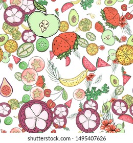 Tropical fruit pattern in flat style on colorful background. 