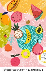 Patrón de frutas tropicales, impresión de alimentos, fondo abstracto, fondo de jungla, ilustración vectorial