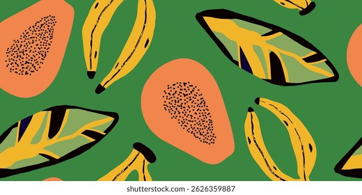 Tropical Fruit Pattern Illustration on Green Backdrop