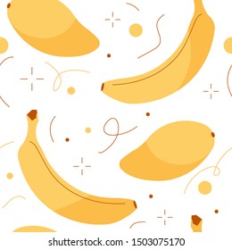 Tropical fruit pattern: mango with banana and decor. Yellow seamless vector pattern.