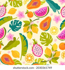 Tropical Fruit Pattern. Seamless pattern with watermelon, lemon, orange, mango, flower and leaves. Design for shirt, cover and textiles. Cartoon flat vector illustration isolated on beige background