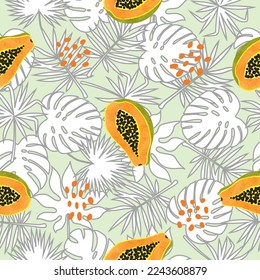 Tropical fruit pattern with watercolor papaya and exotic leaves. Vector seamless tropic illustration.