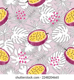 Patrón de fruta tropical con acuarela, fruta de la pasión y hojas exóticas. Ilustración sin fisuras del vector.