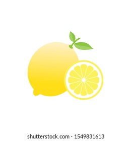 Tropical fruit pattern.Cute fresh lemon slice with green leaf isolated on white background.Design for web flat icon ,Mobile logo ,Cartoon fruits.Summer concept.