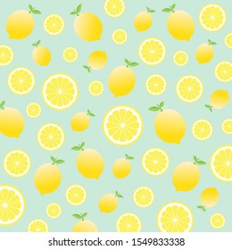 Tropical fruit pattern.Cute fresh lemon slice isolated on light blue color background.Design for print screen backdrop ,Fabric and tile wallpaper.Cartoon fruits.Summer concept.