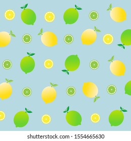 Tropical fruit pattern.Cute fresh lemon and lime slice isolated on blue background.Design for print screen backdrop ,Fabric and tile wallpaper.Cartoon fruits.Summer concept.