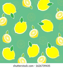 Tropical fruit pattern.Cute fresh lemon slice isolated on green mint color background.Design for print screen backdrop ,Fabric and tile wallpaper.Cartoon fruits.Summer concept.Vector.Illustration.