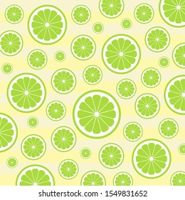 Tropical fruit pattern.Cute fresh lime slice isolated on yellow and white stripe background.Design for print screen backdrop ,Fabric and tile wallpaper.Cartoon fruits.Summer concept.