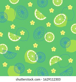 Tropical fruit pattern.Cute fresh lime with beautiful yellow flower blossom isolated on green mint background.Cartoon fruits.Summer concept.Vector.Illustration.