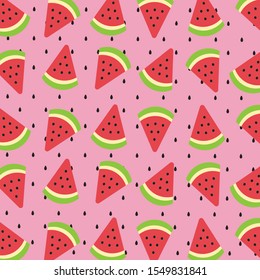 Tropical fruit pattern.Cute fresh red watermelon slice with seed isolated on light pink color background.Design for print screen backdrop ,Fabric and tile wallpaper.Cartoon fruits.Summer concept.