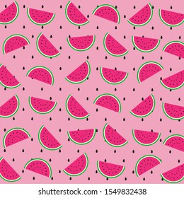 Tropical fruit pattern.Cute fresh red watermelon slice with seed isolated on light pink color background.Design for print screen backdrop ,Fabric and tile wallpaper.Cartoon fruits.Summer concept.