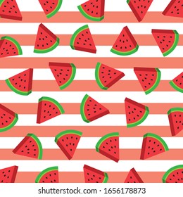 Tropisches Fruchtmuster.Frische Wassermelonenscheibe mit Samen einzeln auf rotem und weißem Streifen Hintergrund.Design für Druck- oder Bildschirmhintergrund, Tapeten aus Stoff und Kacheln.Cartoon-Früchte.Sommerkonzept.
