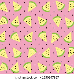 Tropical fruit pattern.Cute fresh yellow watermelon slice with seed isolated on light red color background.Design for print screen backdrop ,Fabric and tile wallpaper.Cartoon fruits.Summer concept. 