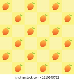 Tropical fruit pattern.Cute lemon with green leaf on yellow grid background.Geometric style.Design for print or screen backdrop or wallpaper.Summer concept.Vector.illustration.