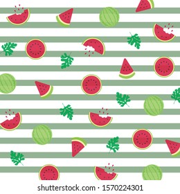 Tropical fruit pattern.Cute red watermelon slice with seed isolated on green stripe background.Design for print screen backdrop ,Fabric and tile wallpaper.Cartoon fruits.Summer concept.