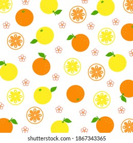 Tropical fruit pattern.Orange and lemon with beautiful flower blossom and green leave isolated on white background.Cartoon fruits.Summer concept.Vector.Illustration.
