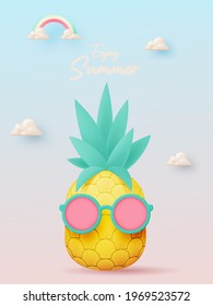 Tropical fruit pineapple in cute 3d character design art style and pastel color scheme background vector illustration