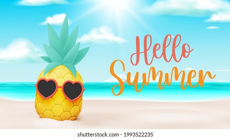 Tropical fruit pineapple in cute 3d character design art style and pastel color scheme background vector illustration