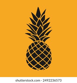 Logo für tropische Früchte und Ananas. Ananas schwarze Silhouette orange Hintergrund. Vektorillustration