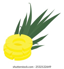 Anéis ou fatias de abacaxi de fruta tropical com folhas de abacaxi isoladas sobre fundo branco. Ilustração vetorial