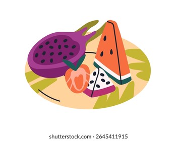 Tropical fruit plate. Exotic pitaya, watermelon piece, strawberry slice served on platter. Fresh natural healthy snacks. Summer vitamin mix. Flat vector illustration isolated on white background