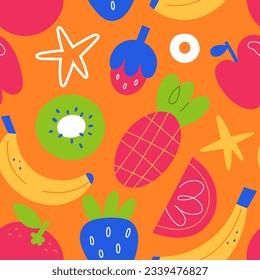 Tropischer Obstdruck, heller, kräftiger Hintergrund, Banane, Kiwi, Erdbeeren, orangefarbene Früchte und Beeren, abstrakte Illustrationen, Vektorfliesen, nahtloses Muster, einfacher trendiger Druck