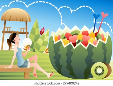 Tropical Fruit Punch and Cool Girl - relaxing pretty woman sit on wooden bench with a folding fan and big watermelon salad in orchard farm on background of bright sunny blue sky : illustration