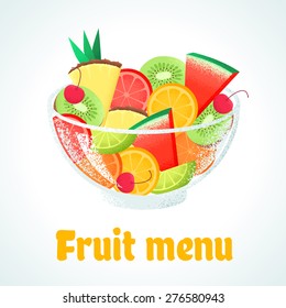 Tropical Fruit Salad. Fruit Menu, Fruit Mix. Pineapple, Watermelon, Orange, Grapefruit, Lemon, Lime, Kiwi, Cherry. Retro Vector Illustration