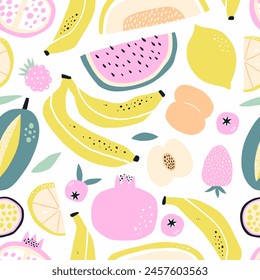 Patrón sin fisuras de frutas tropicales. Fondo para decoración de cocina, papel, cubierta, diseño textil. Ilustración vectorial