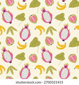 Tropical fruit seamless pattern. Bright illustration-style background, texture with pitaya, guava, and bananas. Flat vector illustration.