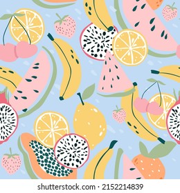 Tropical fruit seamless pattern. Cute and colourful background with bananas, watermelon, lemon, dragon fruit and papaya.