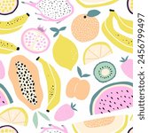 Tropical fruit seamless pattern in hand drawn style. Background for kitchen decor, paper, cover, textile design.