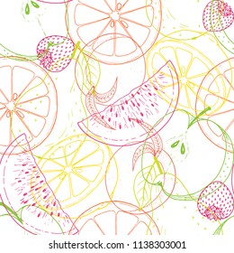Tropical fruit seamless pattern hand drawn doodles, colorful line drawing on white background, orange, peach, apricot, lemon, nectarine, strawberry, watermelon, for packaging print or textile fabric.